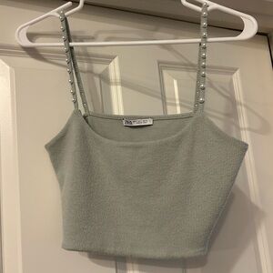 Zara Light Green Knit Crop Top with Pearl Accents